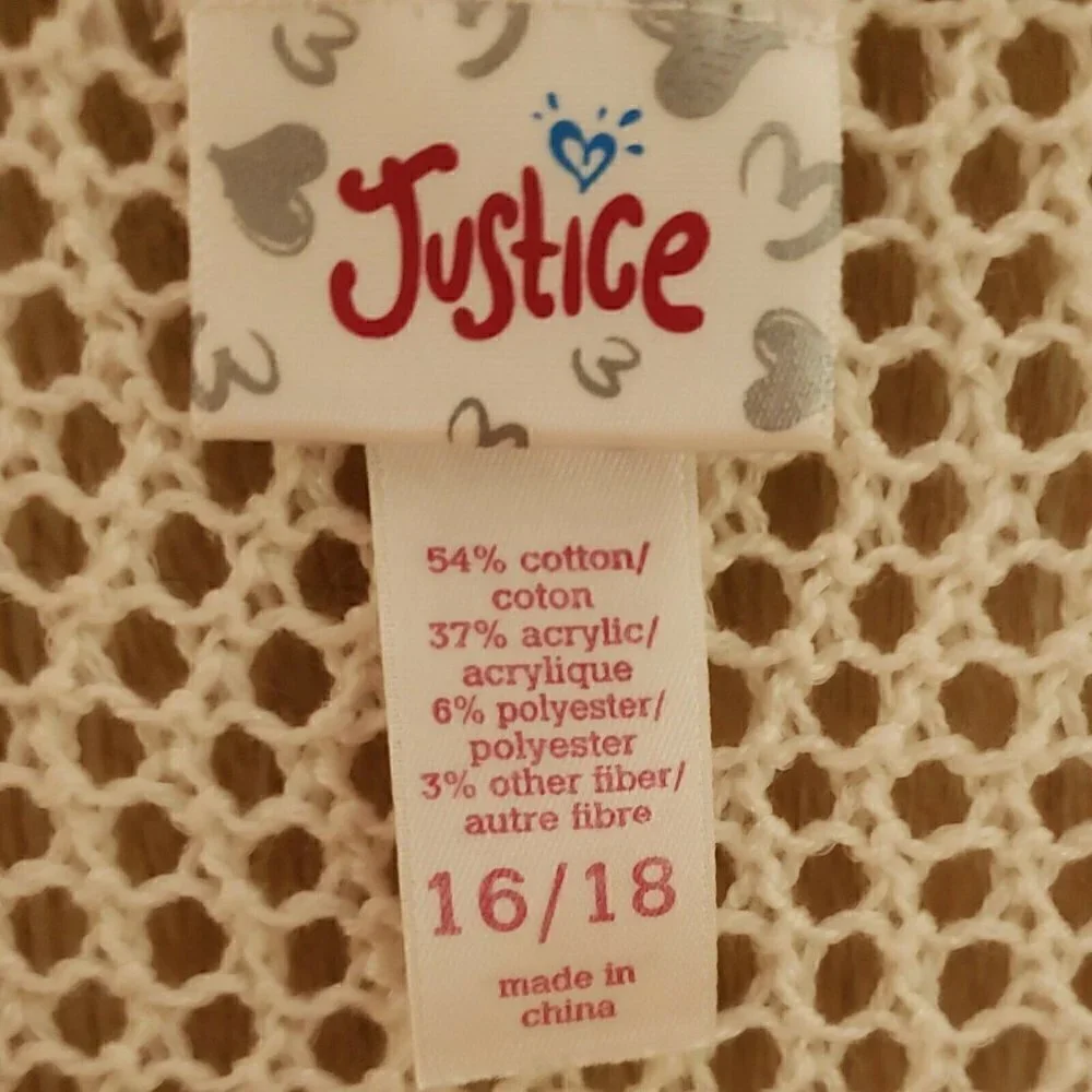 Justice White Fringe Open Knit Poncho 16-18